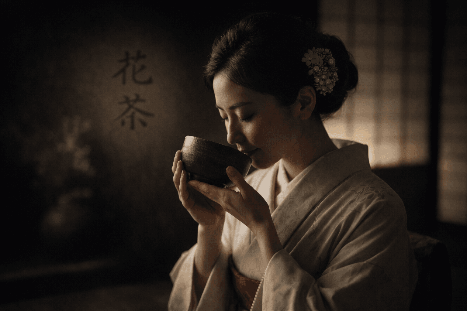 A woman holding a tea bowl in a low-lit interior