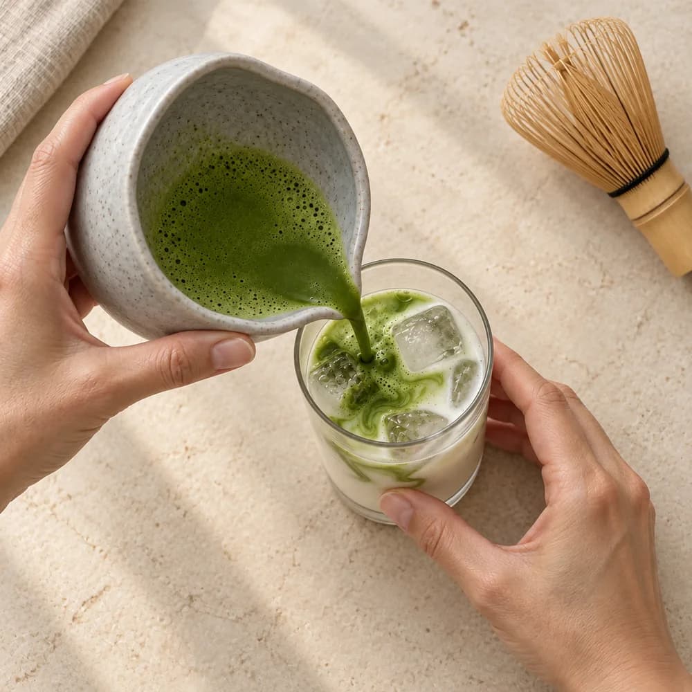 Whisked matcha being poured into a glass of milk and ice