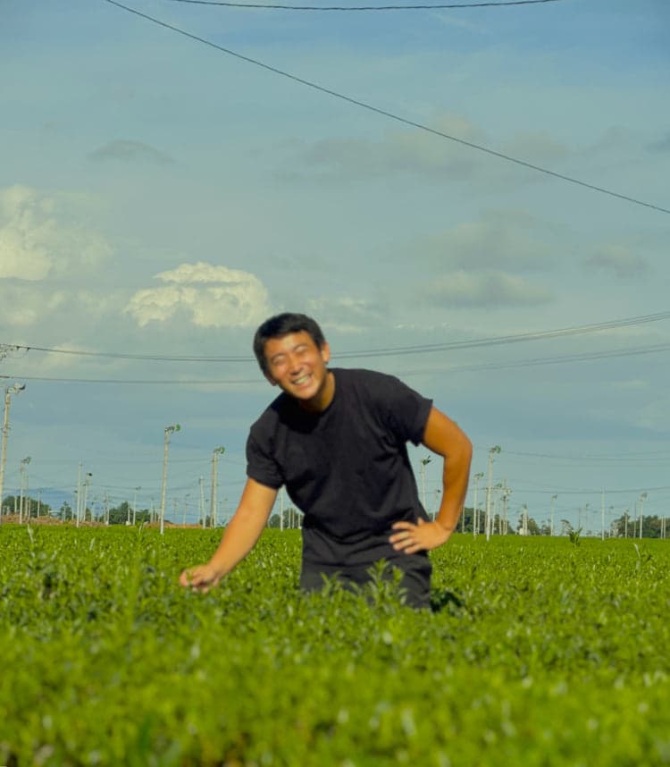 Satsuma of SANNAKA standing among green tea bushes