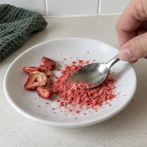 Freeze-dried strawberry pieces being crushed into a fine pink powder