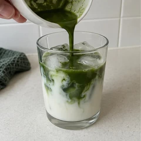 Whisked matcha being poured into milk and ice in a clear glass
