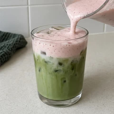 Pink strawberry cold foam being poured onto an iced matcha latte