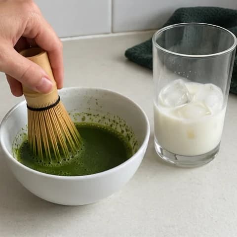 A bamboo whisk mixing matcha in a white bowl beside a glass of milk and ice