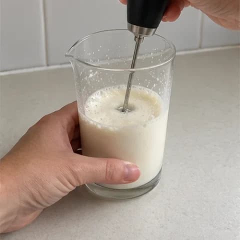 A handheld milk frother aerating the chilled white chocolate mixture in a glass cup