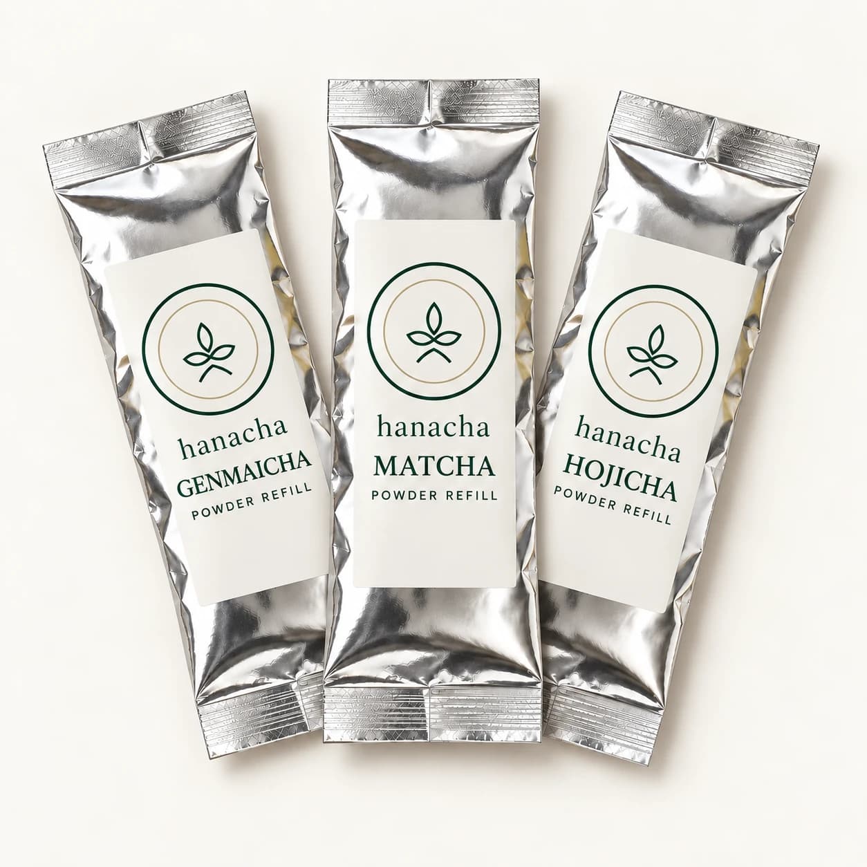 Hanacha Matcha, Genmaicha and Hojicha aluminium refill pouches fanned out together