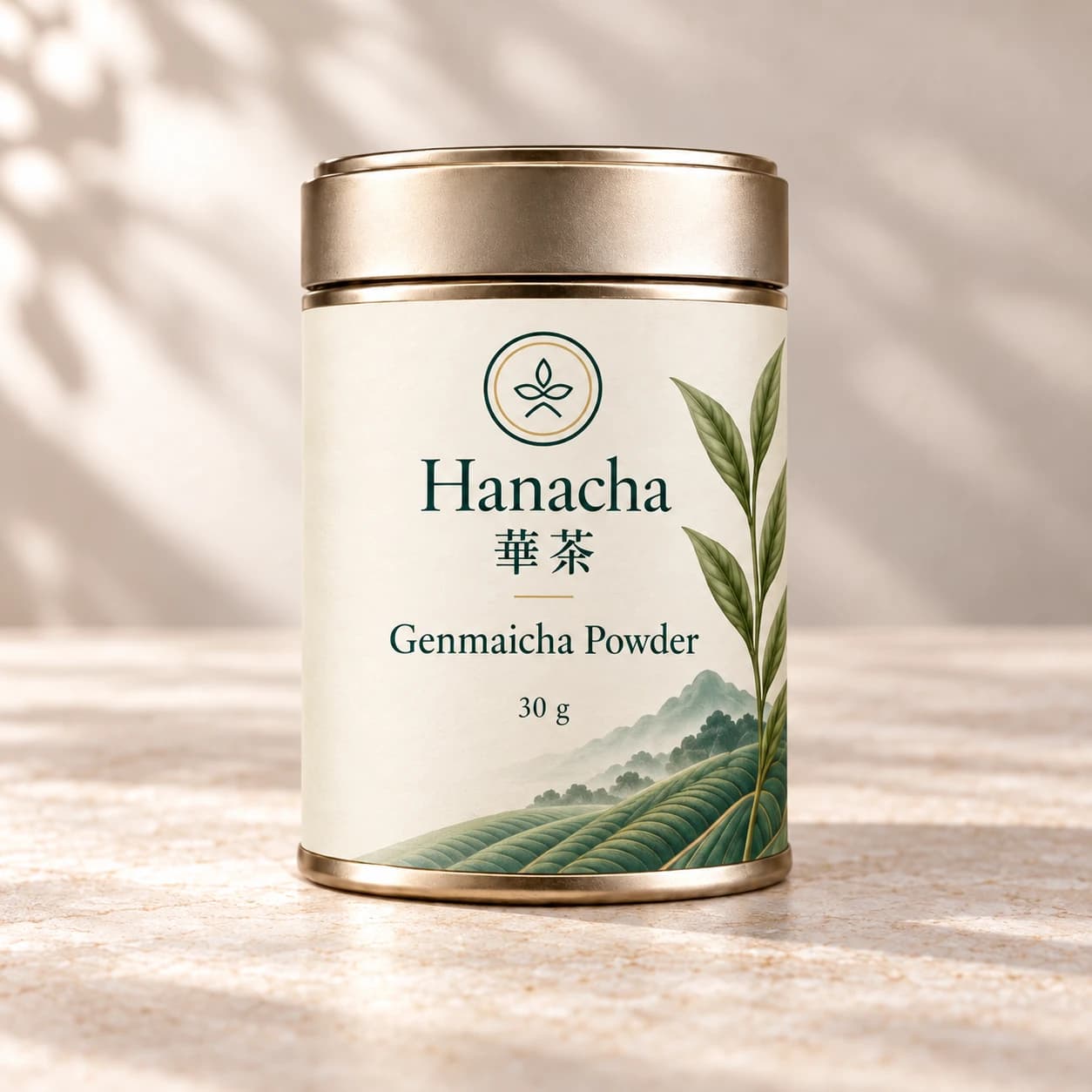 Hanacha Genmaicha Powder in a 30 g gold tin