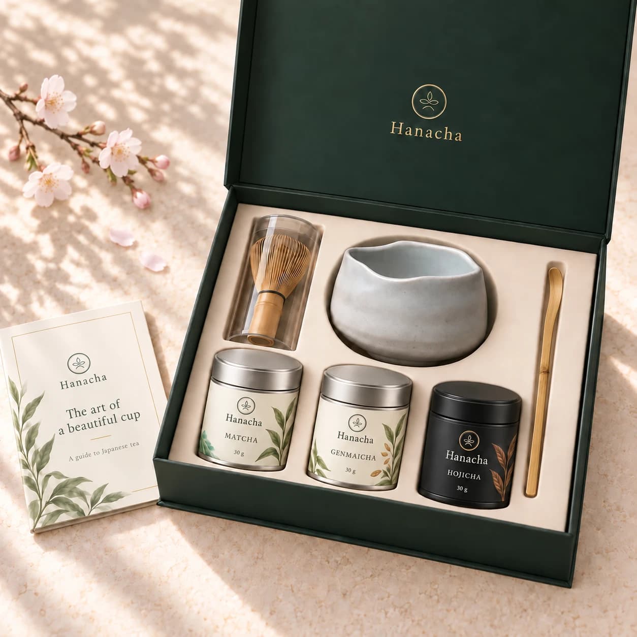 Hanacha gift box with a Japanese bowl, tea tins, bamboo whisk, chashaku and preparation booklet