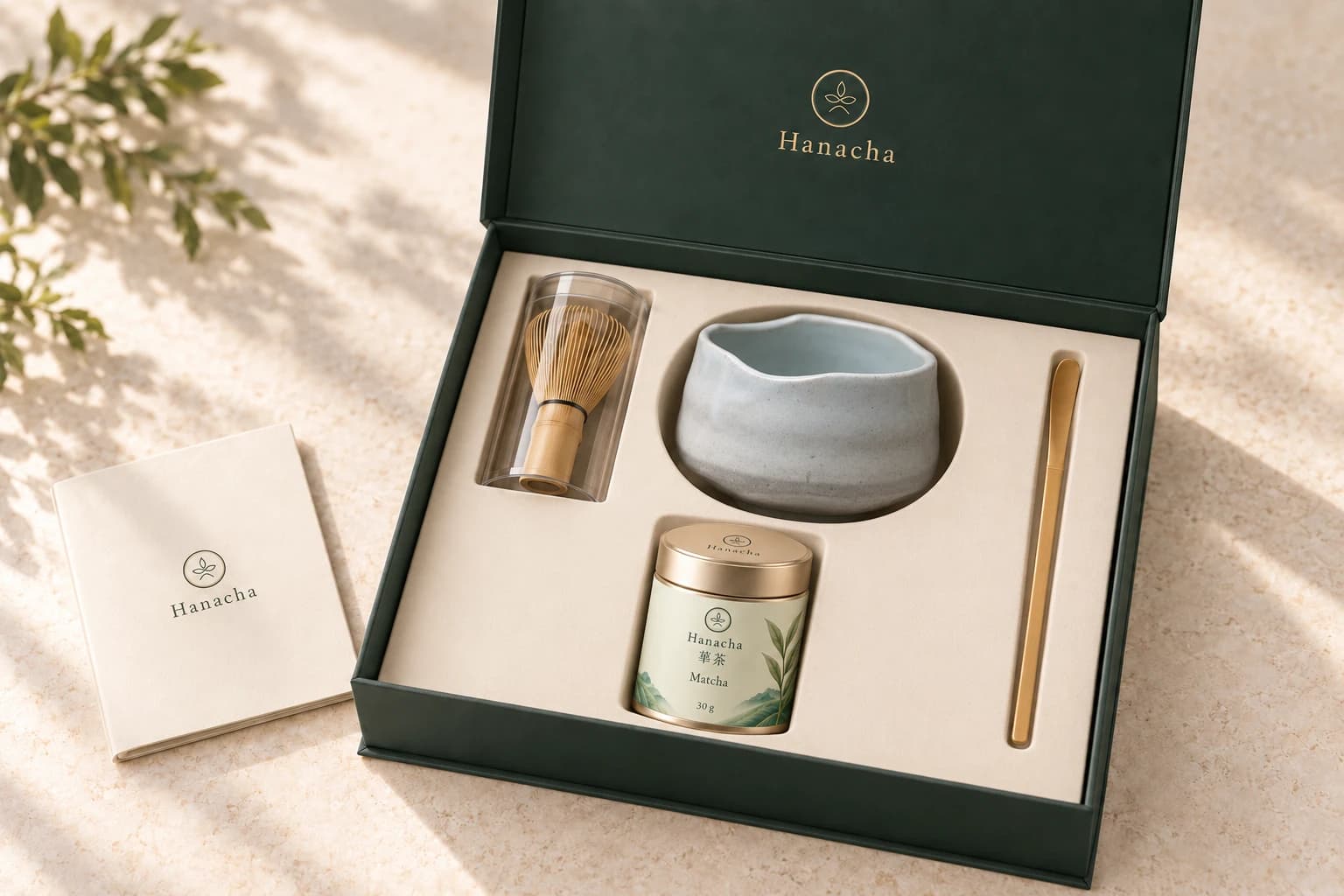 Hanacha gift box with a Fresh Snow bowl, bamboo whisk, gold-coloured spoon, booklet and 1 tea tin