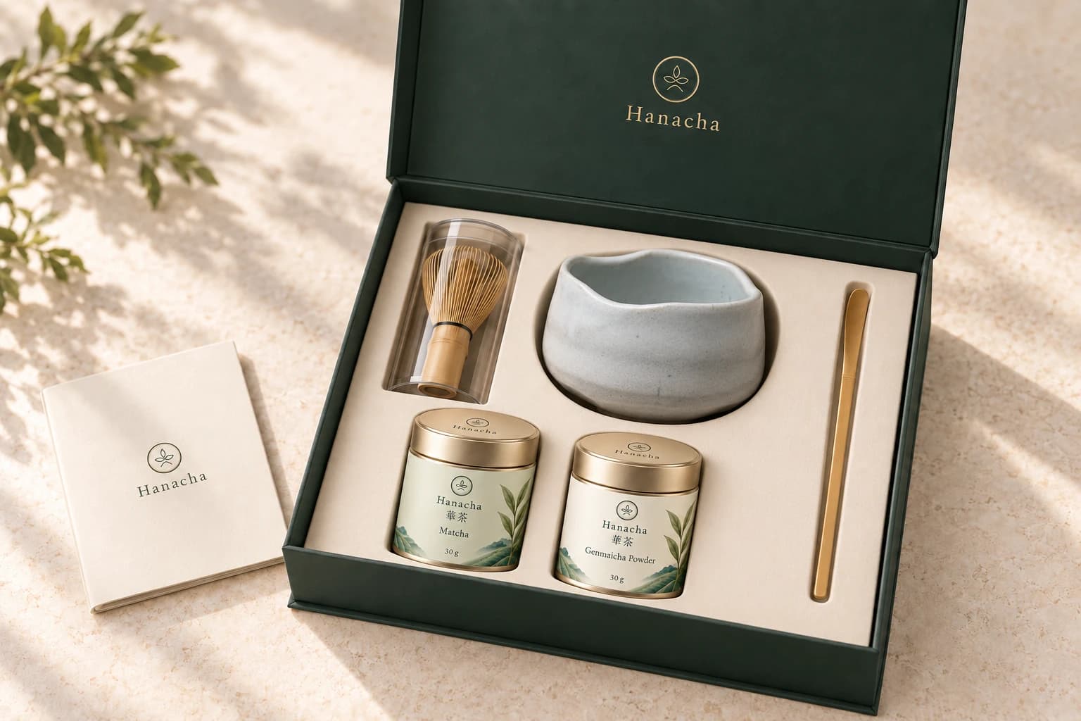 Hanacha gift box with a Fresh Snow bowl, bamboo whisk, gold-coloured spoon, booklet and 2 tea tins