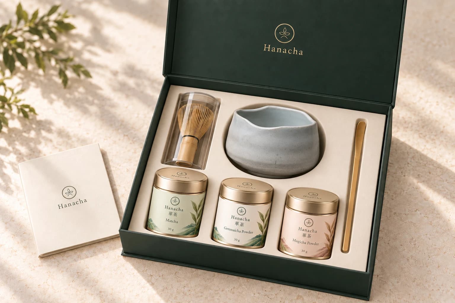 Hanacha gift box with a Fresh Snow bowl, bamboo whisk, gold-coloured spoon, booklet and 3 tea tins