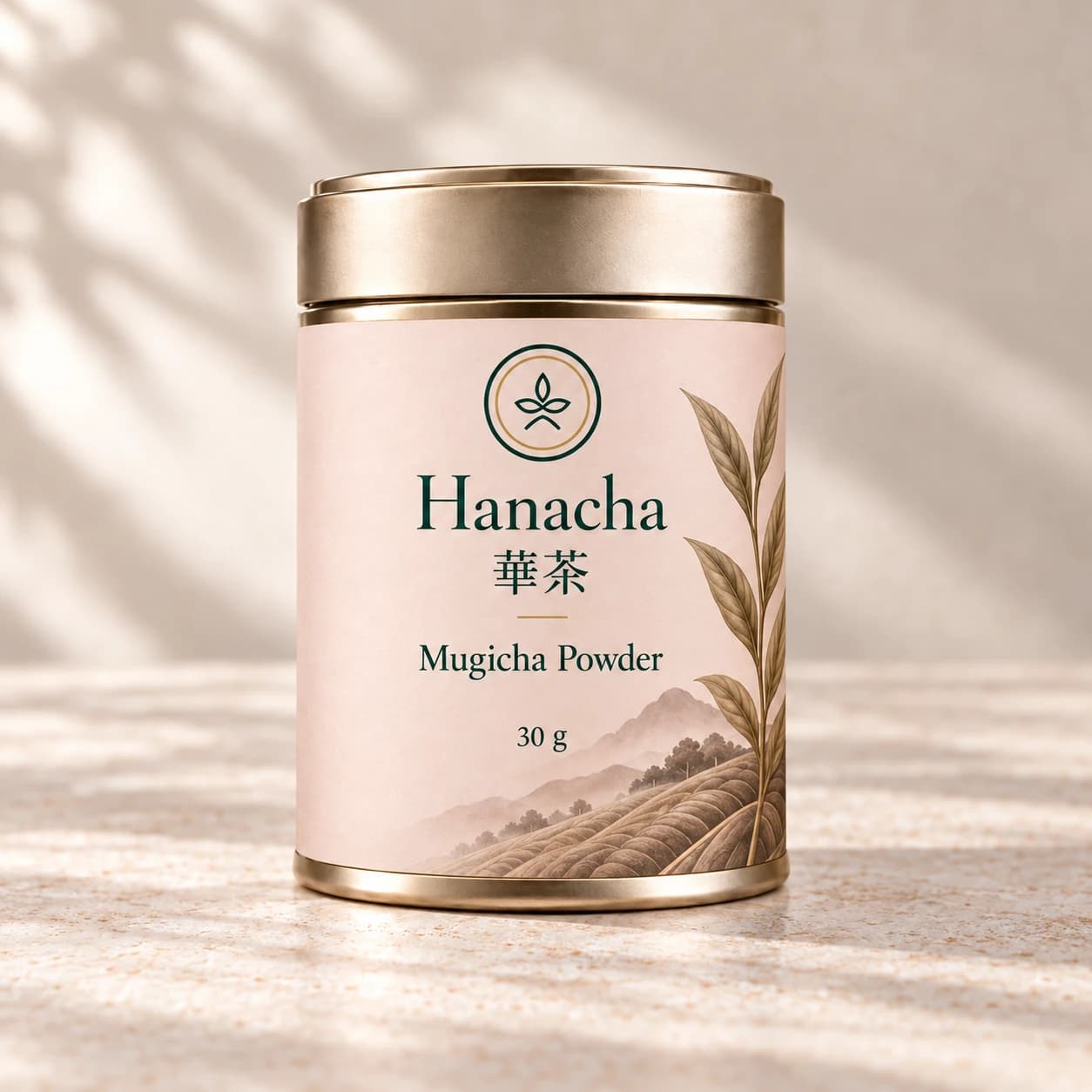 Hanacha Mugicha Powder in a 30 g gold tin