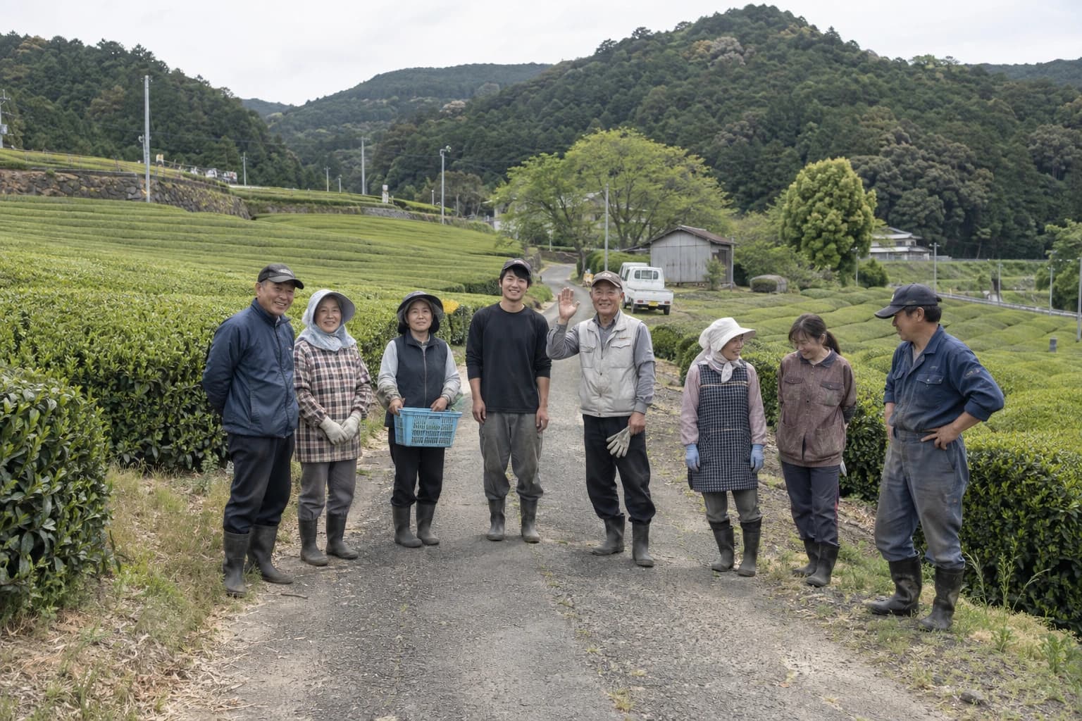 Tea farmers gathered on a country lane between green tea fields