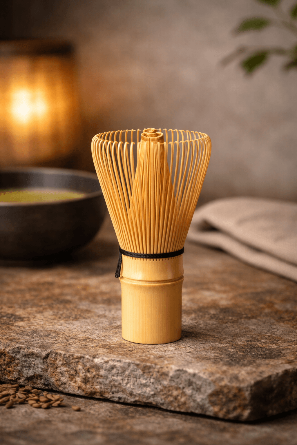 Bamboo whisk standing on a stone surface