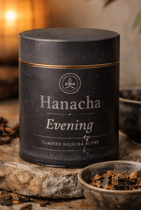 Hanacha Evening tin resting on stoneware beside toasted hojicha