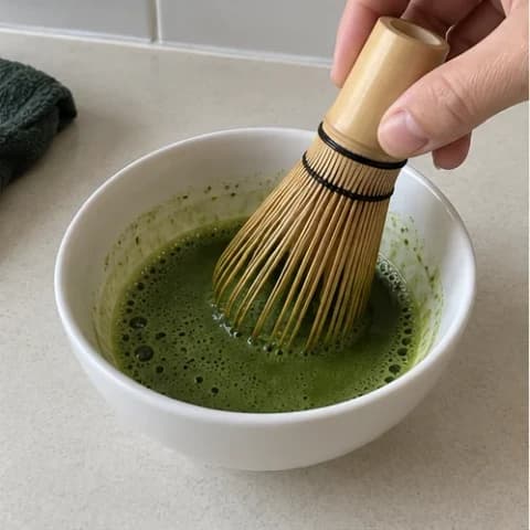 A bamboo whisk mixing matcha and warm water in a white bowl