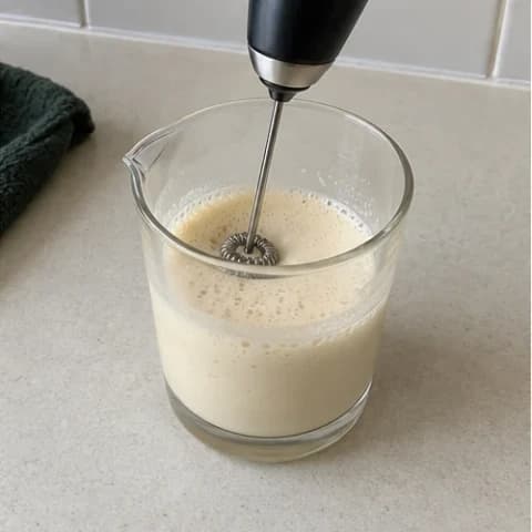 A handheld milk frother aerating maple cream in a glass mixing cup