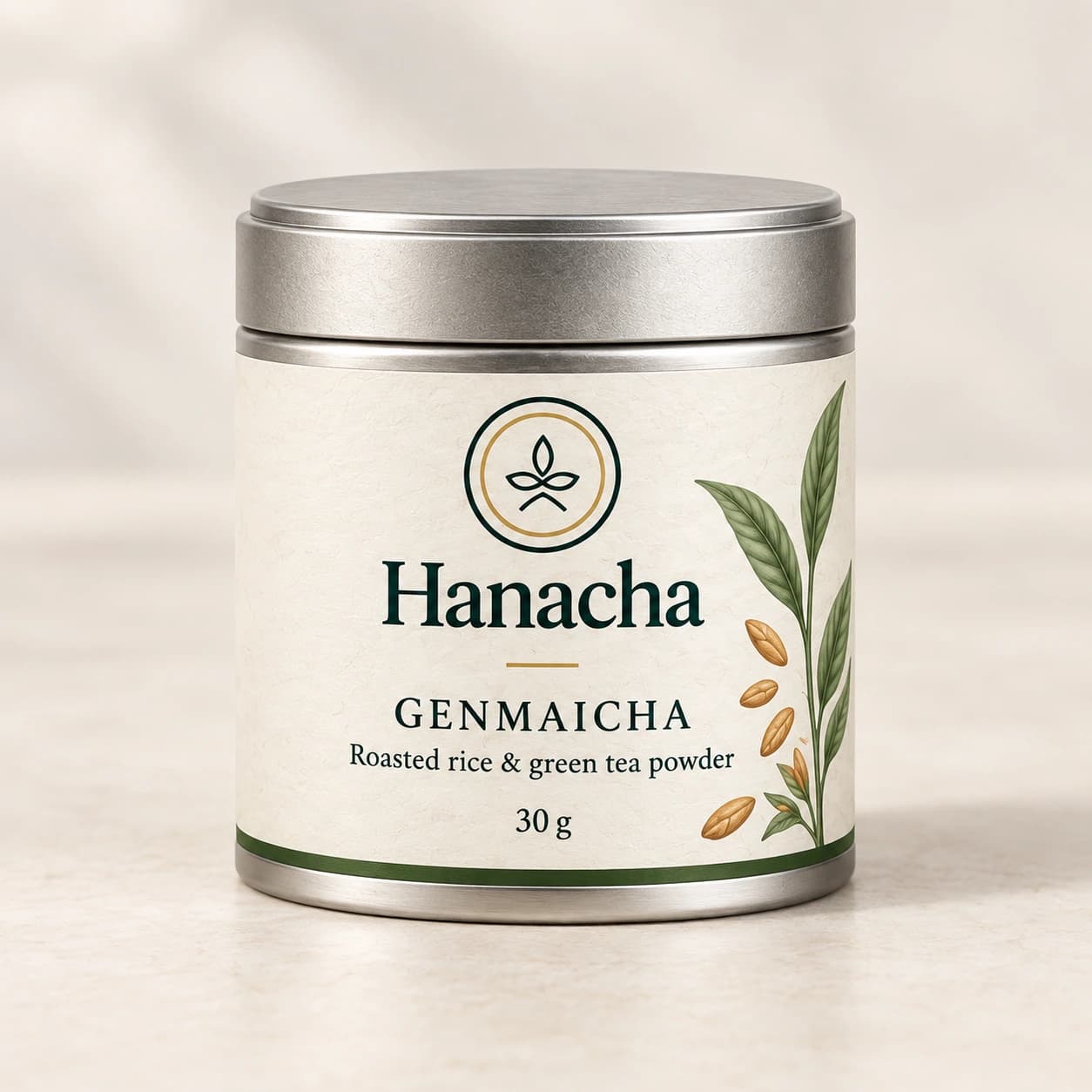 Hanacha Genmaicha in a compact silver 30 g tin with a cream and green label