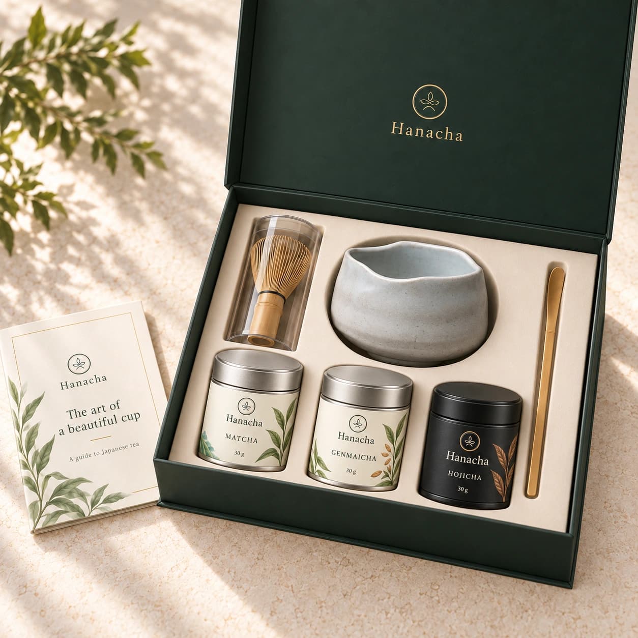 Open deep green Hanacha gift box, with labelled tea tins, Fresh Snow bowl, whisk, gold-coloured spoon and elegant booklet