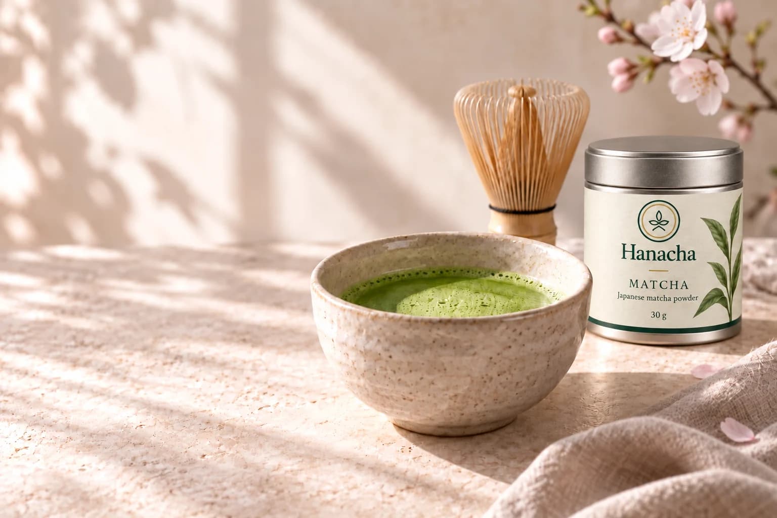 A bowl of matcha, bamboo whisk and Hanacha tea tin with a delicate sakura branch