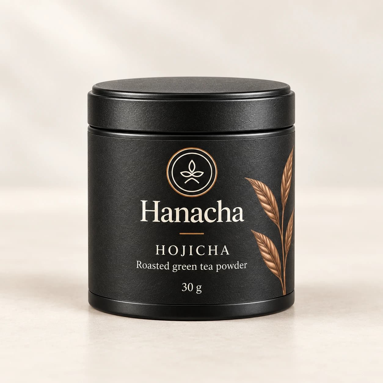 Hanacha Hojicha in a compact charcoal 30 g tin with copper lettering