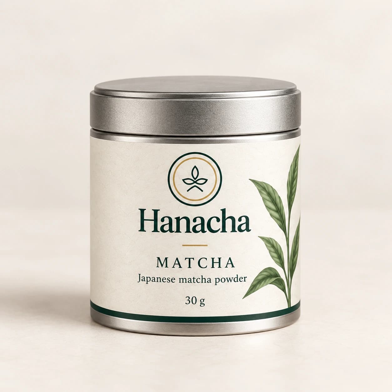 Hanacha Matcha in a compact silver 30 g tin with a cream and green label
