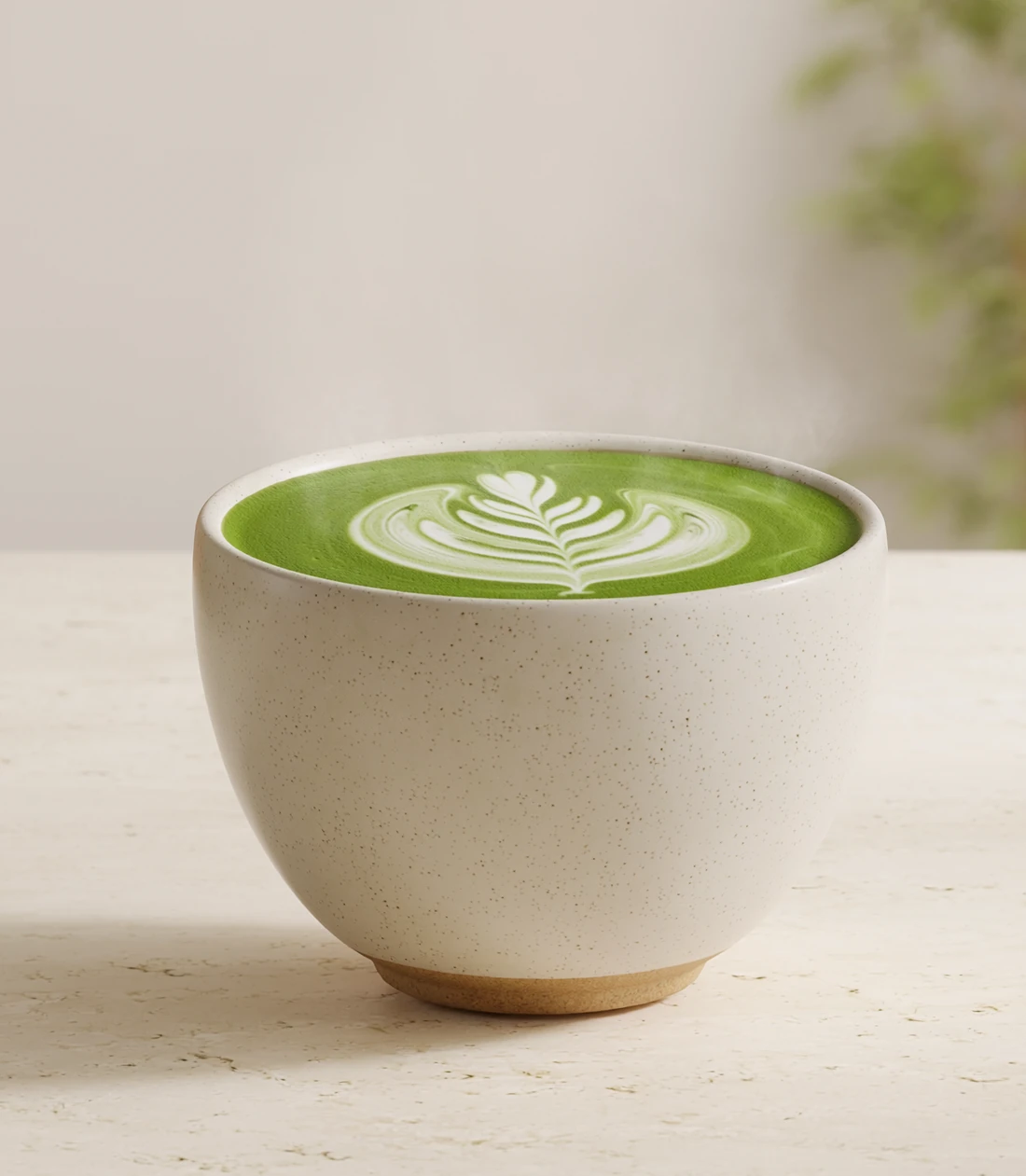 Green matcha latte with white leaf latte art in an ivory ceramic cup